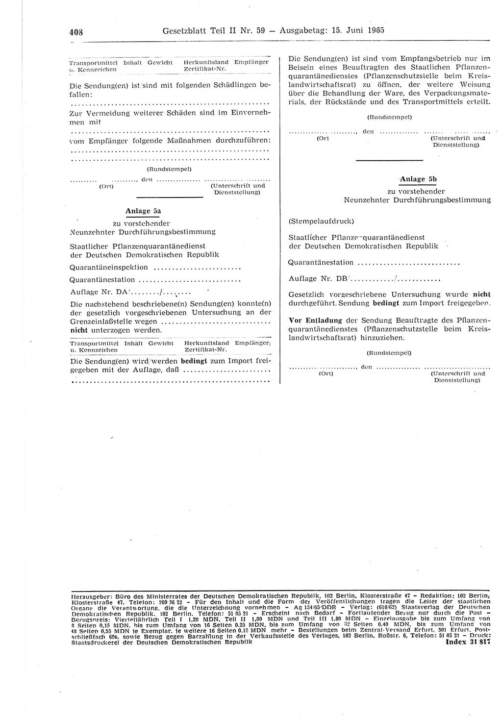 Gesetzblatt (GBl.) der Deutschen Demokratischen Republik (DDR) Teil ⅠⅠ 1965, Seite 408 (GBl. DDR ⅠⅠ 1965, S. 408)