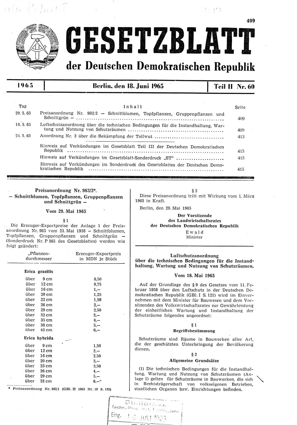 Gesetzblatt (GBl.) der Deutschen Demokratischen Republik (DDR) Teil ⅠⅠ 1965, Seite 409 (GBl. DDR ⅠⅠ 1965, S. 409)