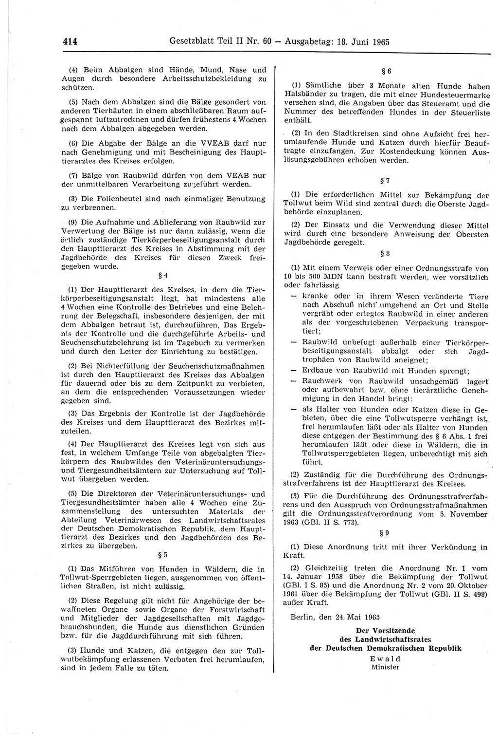 Gesetzblatt (GBl.) der Deutschen Demokratischen Republik (DDR) Teil ⅠⅠ 1965, Seite 414 (GBl. DDR ⅠⅠ 1965, S. 414)