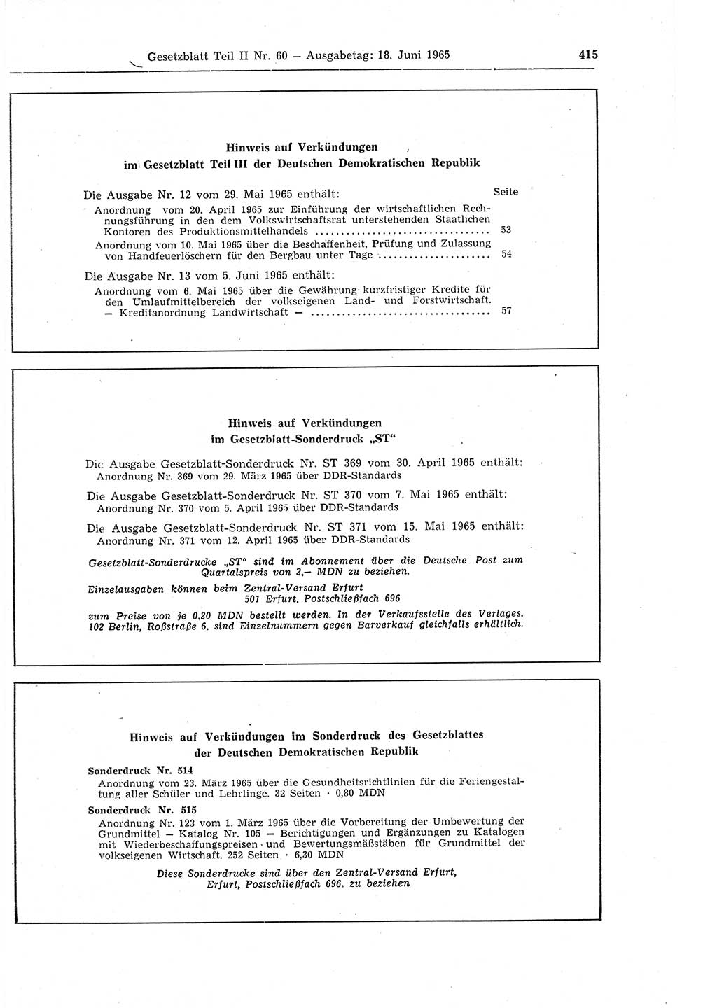 Gesetzblatt (GBl.) der Deutschen Demokratischen Republik (DDR) Teil ⅠⅠ 1965, Seite 415 (GBl. DDR ⅠⅠ 1965, S. 415)