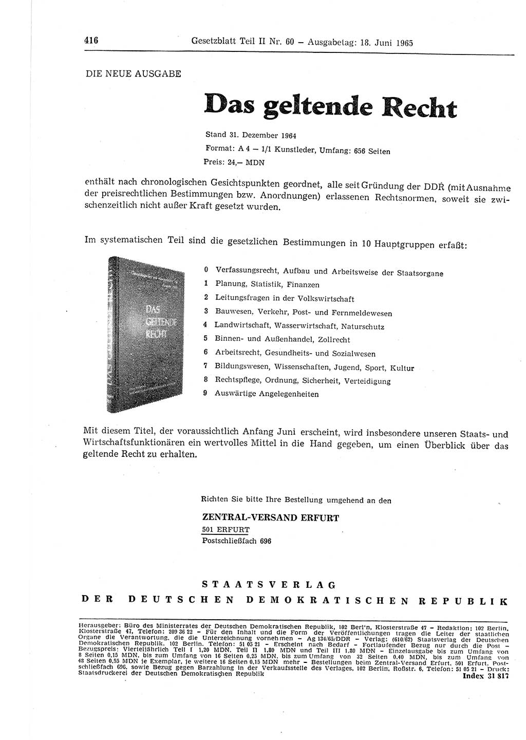 Gesetzblatt (GBl.) der Deutschen Demokratischen Republik (DDR) Teil ⅠⅠ 1965, Seite 416 (GBl. DDR ⅠⅠ 1965, S. 416)