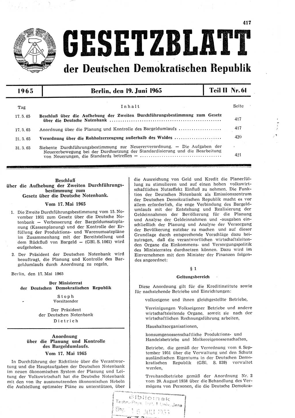 Gesetzblatt (GBl.) der Deutschen Demokratischen Republik (DDR) Teil ⅠⅠ 1965, Seite 417 (GBl. DDR ⅠⅠ 1965, S. 417)