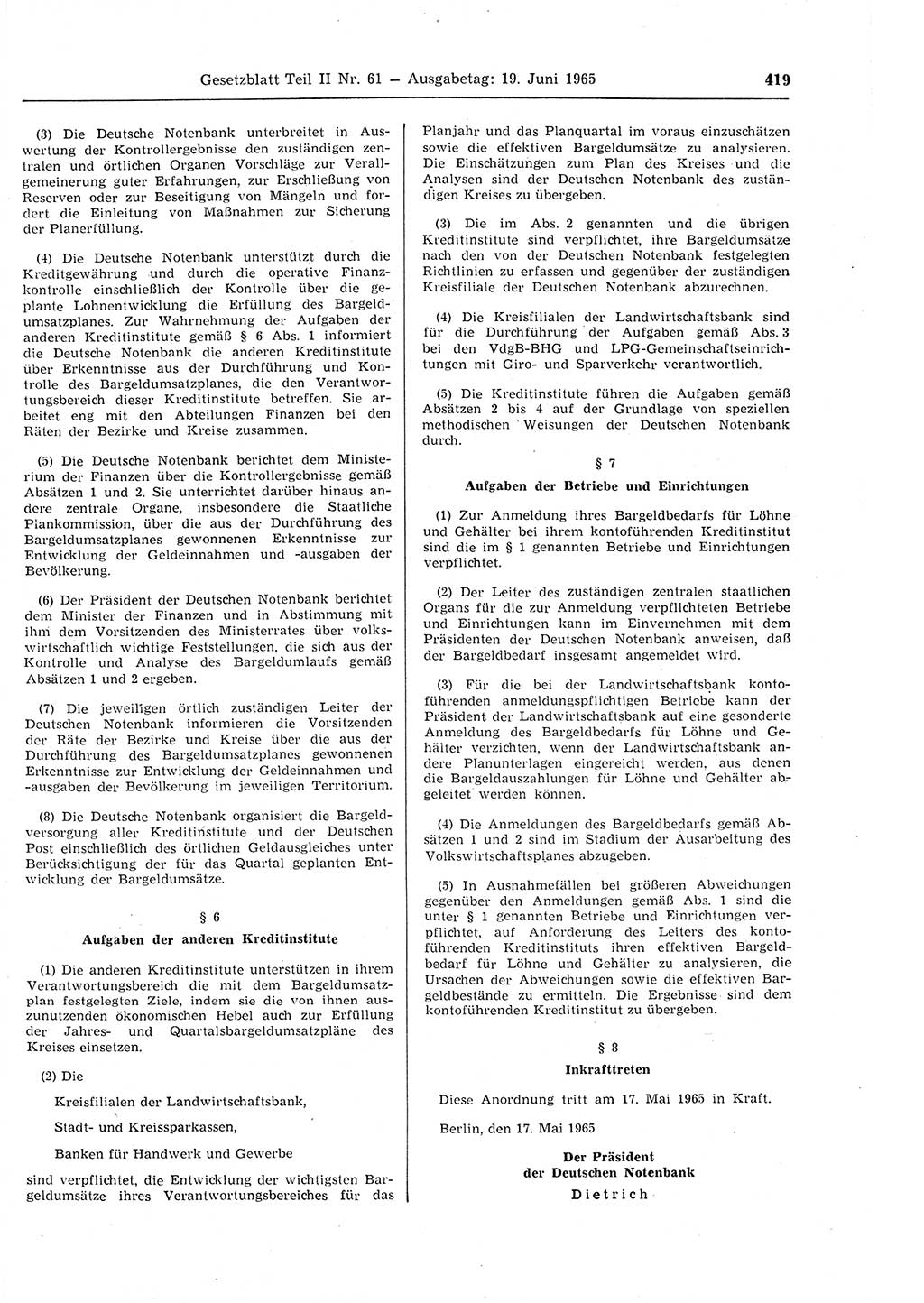 Gesetzblatt (GBl.) der Deutschen Demokratischen Republik (DDR) Teil ⅠⅠ 1965, Seite 419 (GBl. DDR ⅠⅠ 1965, S. 419)
