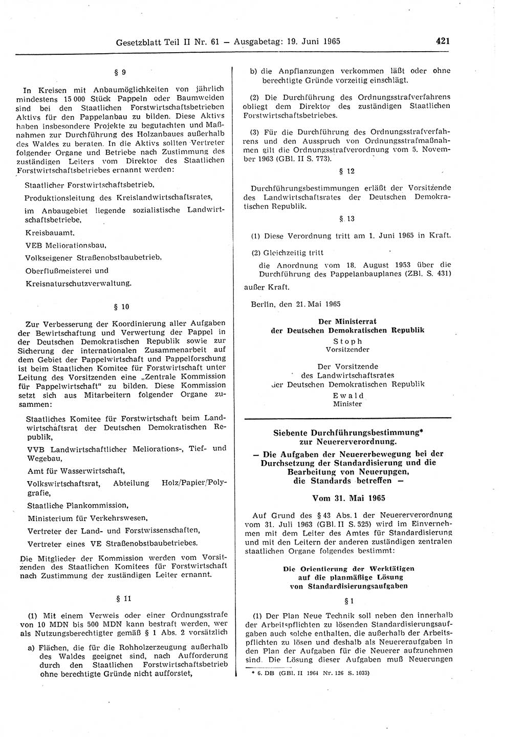 Gesetzblatt (GBl.) der Deutschen Demokratischen Republik (DDR) Teil ⅠⅠ 1965, Seite 421 (GBl. DDR ⅠⅠ 1965, S. 421)