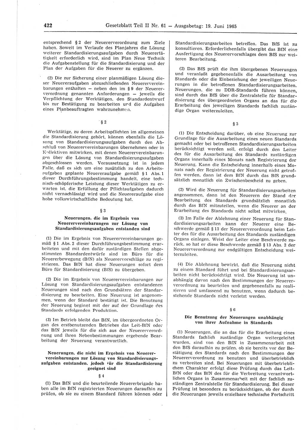 Gesetzblatt (GBl.) der Deutschen Demokratischen Republik (DDR) Teil ⅠⅠ 1965, Seite 422 (GBl. DDR ⅠⅠ 1965, S. 422)