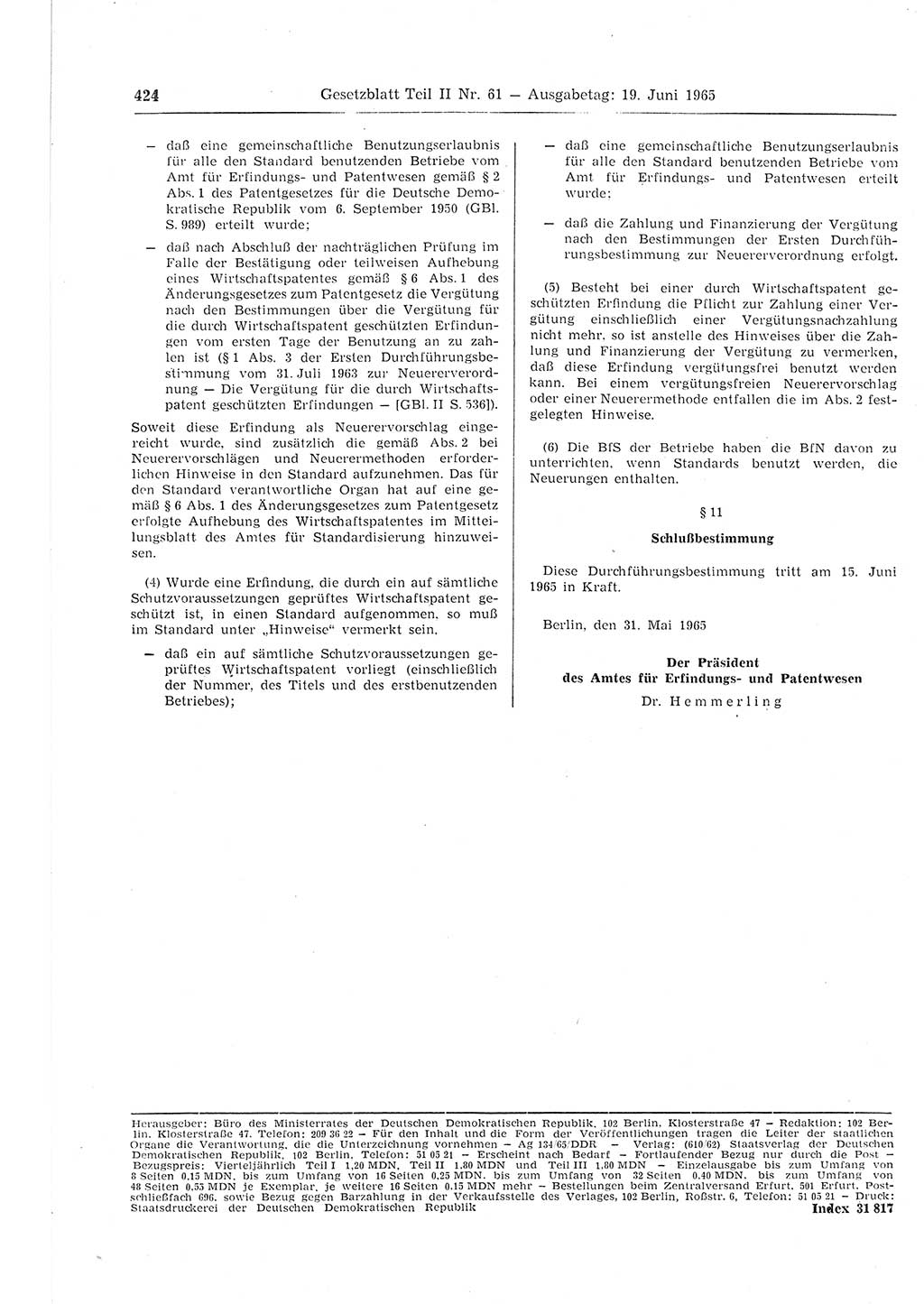 Gesetzblatt (GBl.) der Deutschen Demokratischen Republik (DDR) Teil ⅠⅠ 1965, Seite 424 (GBl. DDR ⅠⅠ 1965, S. 424)