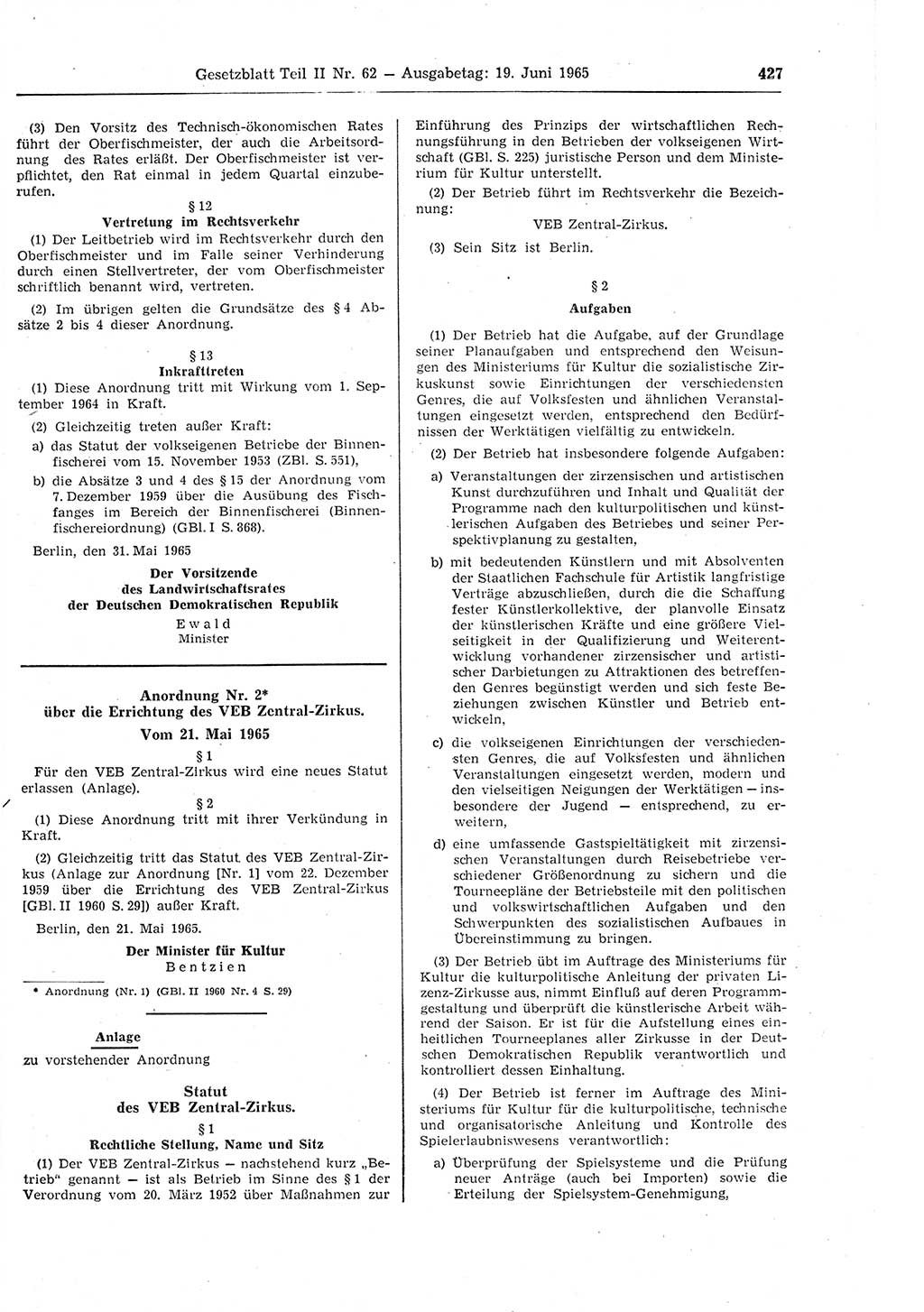 Gesetzblatt (GBl.) der Deutschen Demokratischen Republik (DDR) Teil ⅠⅠ 1965, Seite 427 (GBl. DDR ⅠⅠ 1965, S. 427)