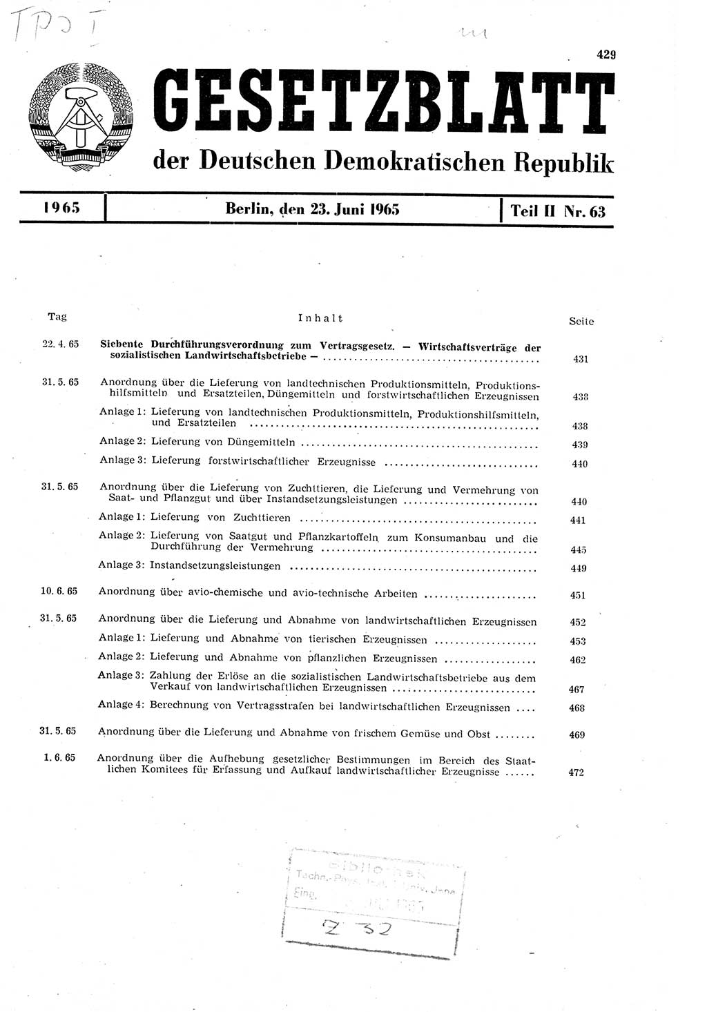 Gesetzblatt (GBl.) der Deutschen Demokratischen Republik (DDR) Teil ⅠⅠ 1965, Seite 429 (GBl. DDR ⅠⅠ 1965, S. 429)