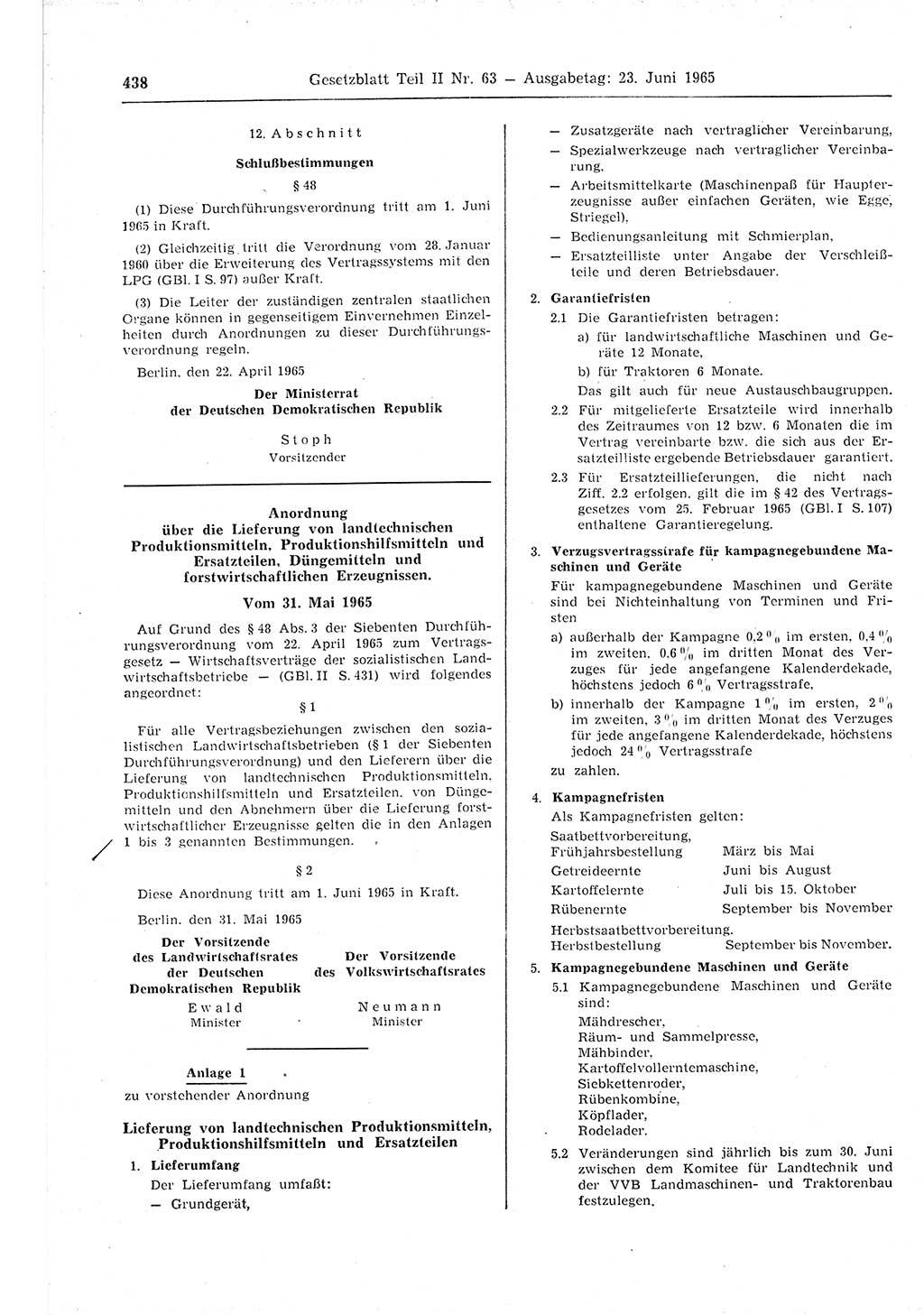 Gesetzblatt (GBl.) der Deutschen Demokratischen Republik (DDR) Teil ⅠⅠ 1965, Seite 438 (GBl. DDR ⅠⅠ 1965, S. 438)