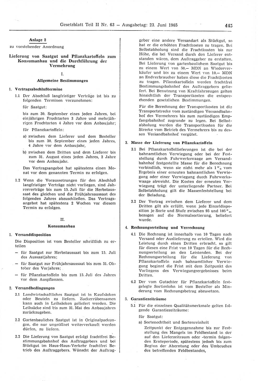 Gesetzblatt (GBl.) der Deutschen Demokratischen Republik (DDR) Teil ⅠⅠ 1965, Seite 445 (GBl. DDR ⅠⅠ 1965, S. 445)
