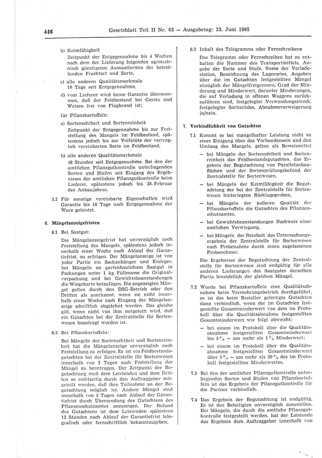 Gesetzblatt (GBl.) der Deutschen Demokratischen Republik (DDR) Teil ⅠⅠ 1965, Seite 446 (GBl. DDR ⅠⅠ 1965, S. 446)