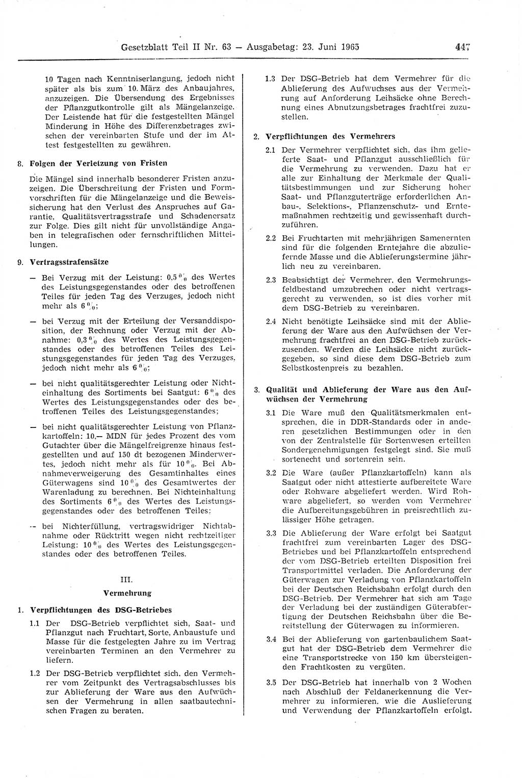 Gesetzblatt (GBl.) der Deutschen Demokratischen Republik (DDR) Teil ⅠⅠ 1965, Seite 447 (GBl. DDR ⅠⅠ 1965, S. 447)
