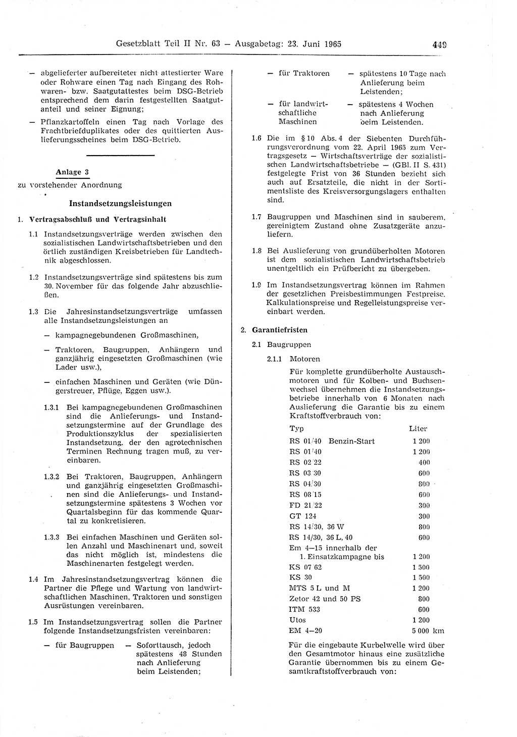 Gesetzblatt (GBl.) der Deutschen Demokratischen Republik (DDR) Teil ⅠⅠ 1965, Seite 449 (GBl. DDR ⅠⅠ 1965, S. 449)