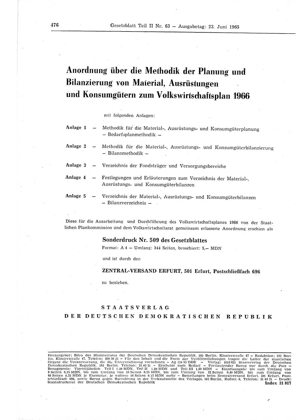 Gesetzblatt (GBl.) der Deutschen Demokratischen Republik (DDR) Teil ⅠⅠ 1965, Seite 476 (GBl. DDR ⅠⅠ 1965, S. 476)