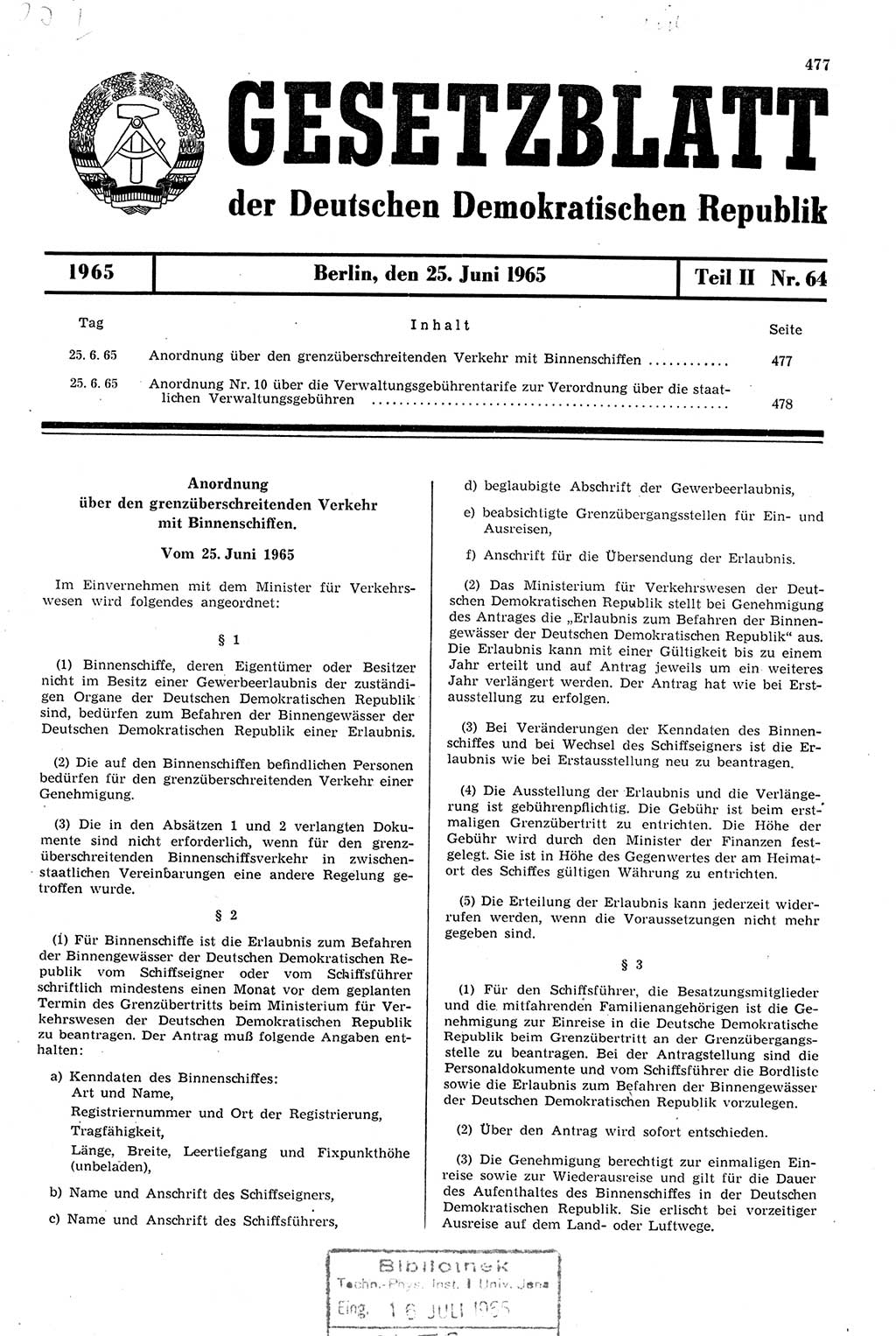 Gesetzblatt (GBl.) der Deutschen Demokratischen Republik (DDR) Teil ⅠⅠ 1965, Seite 477 (GBl. DDR ⅠⅠ 1965, S. 477)