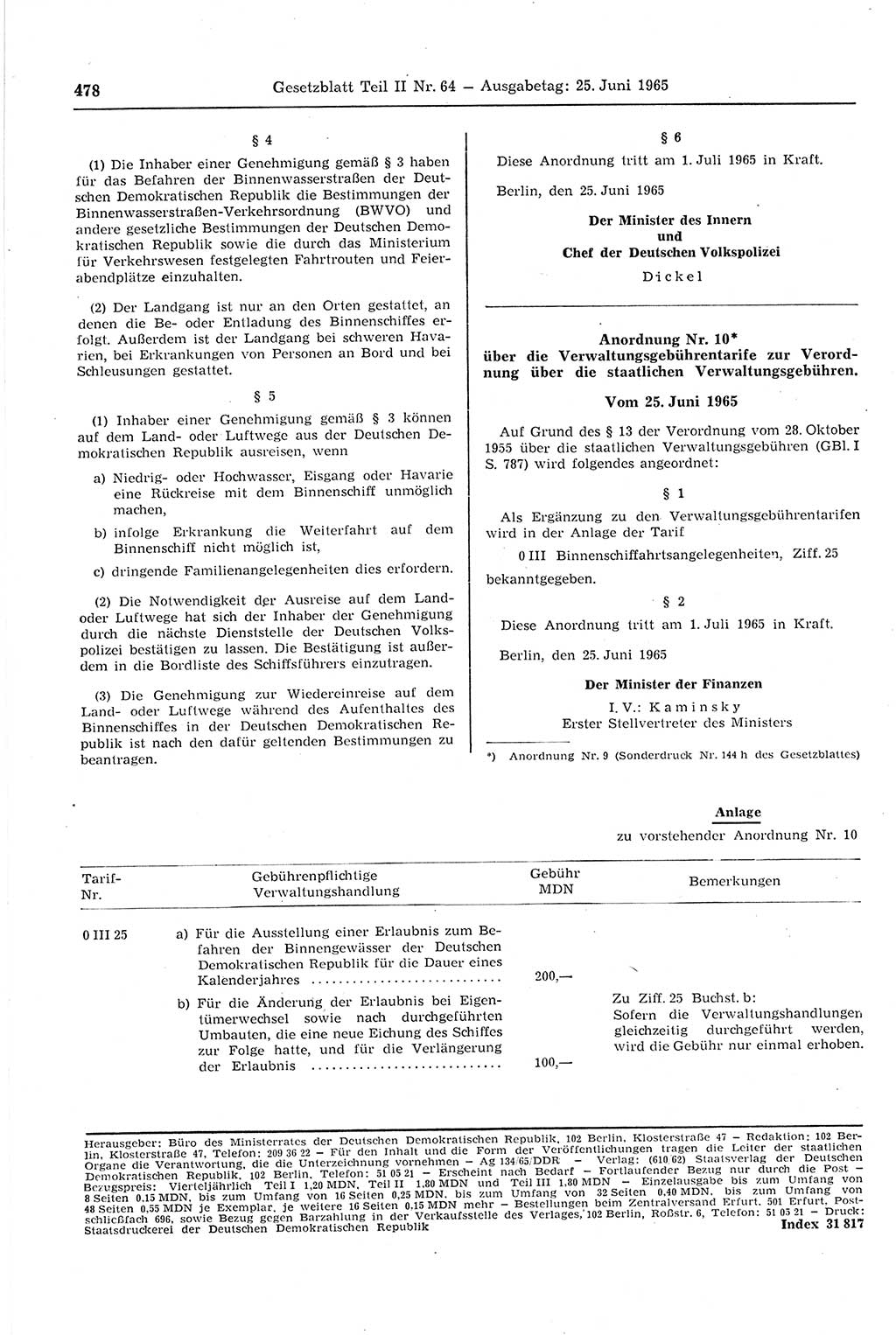 Gesetzblatt (GBl.) der Deutschen Demokratischen Republik (DDR) Teil ⅠⅠ 1965, Seite 478 (GBl. DDR ⅠⅠ 1965, S. 478)