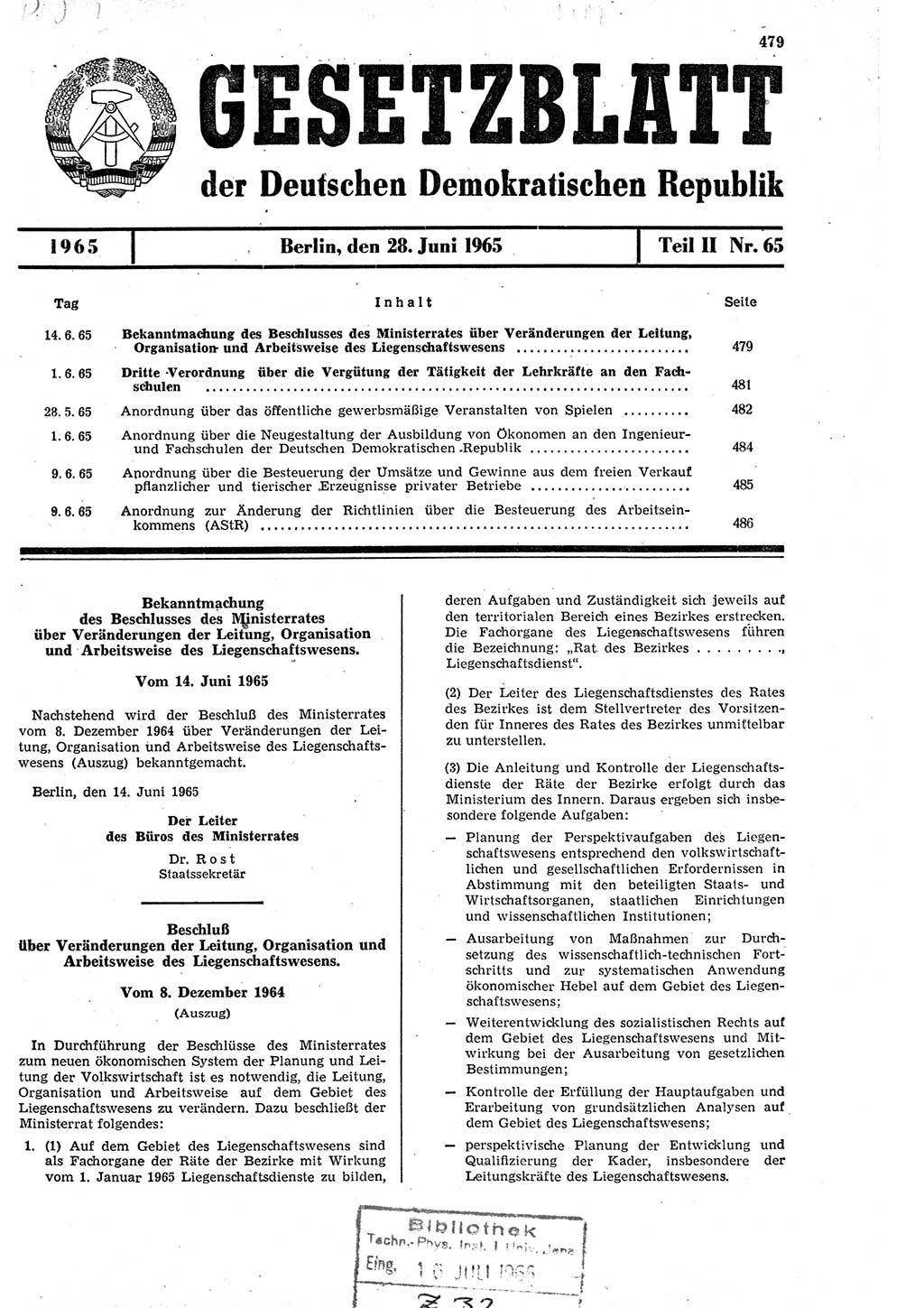 Gesetzblatt (GBl.) der Deutschen Demokratischen Republik (DDR) Teil ⅠⅠ 1965, Seite 479 (GBl. DDR ⅠⅠ 1965, S. 479)