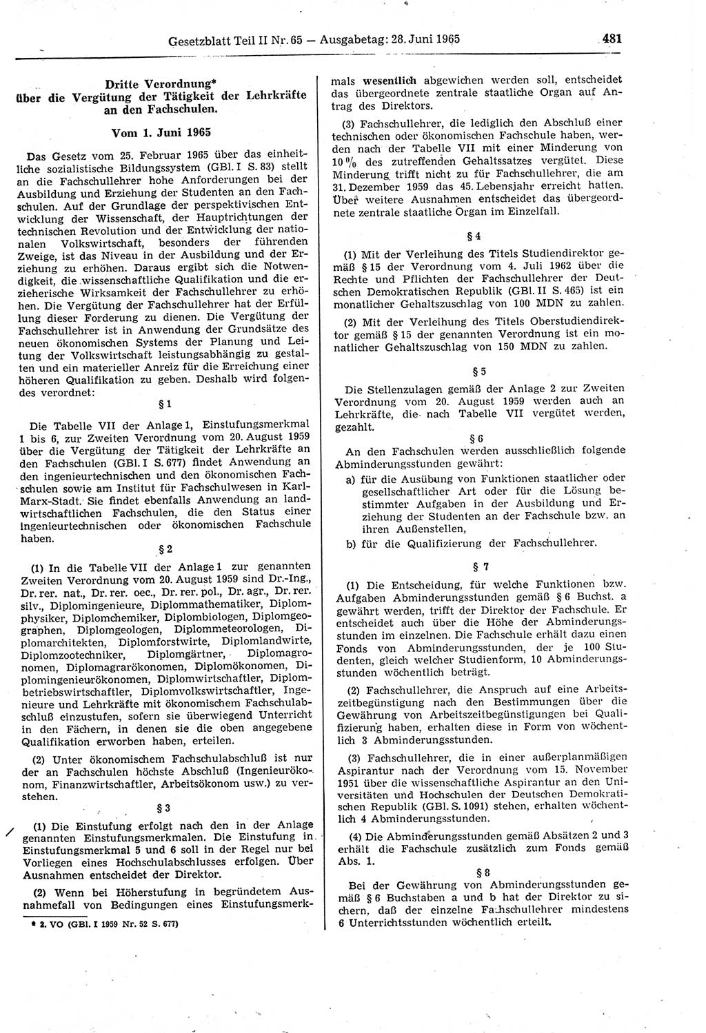 Gesetzblatt (GBl.) der Deutschen Demokratischen Republik (DDR) Teil ⅠⅠ 1965, Seite 481 (GBl. DDR ⅠⅠ 1965, S. 481)