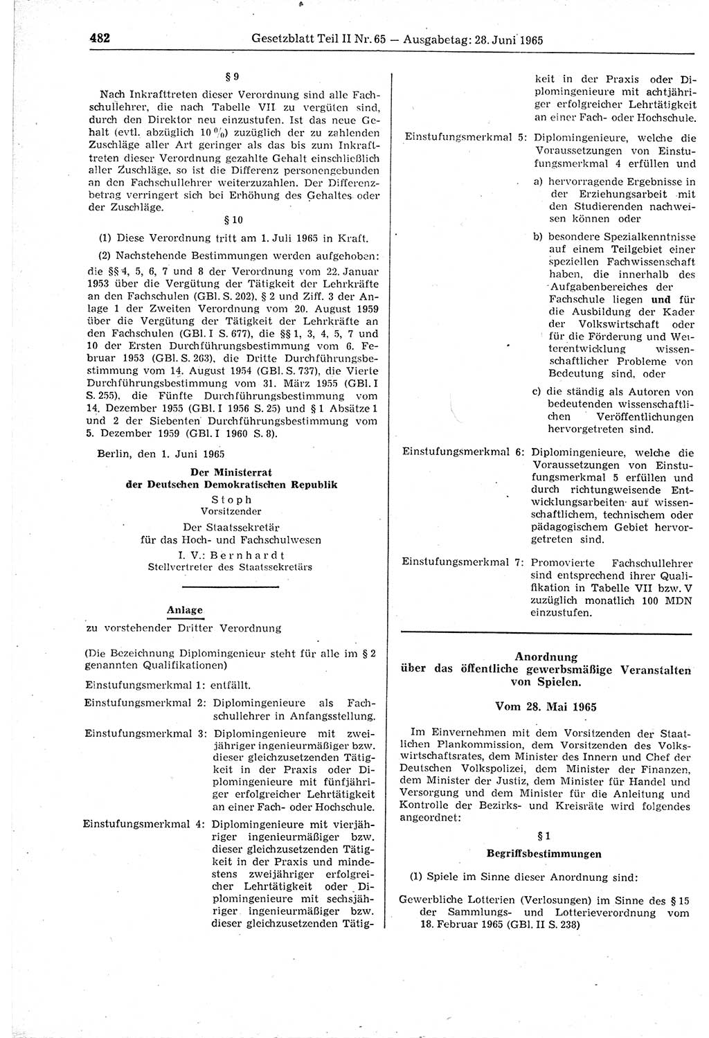 Gesetzblatt (GBl.) der Deutschen Demokratischen Republik (DDR) Teil ⅠⅠ 1965, Seite 482 (GBl. DDR ⅠⅠ 1965, S. 482)