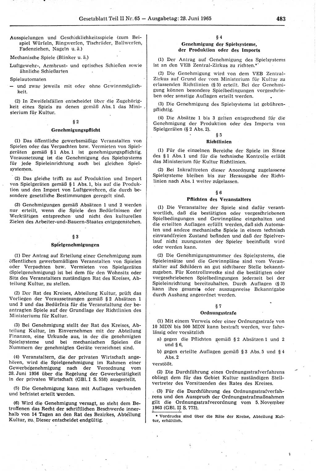 Gesetzblatt (GBl.) der Deutschen Demokratischen Republik (DDR) Teil ⅠⅠ 1965, Seite 483 (GBl. DDR ⅠⅠ 1965, S. 483)