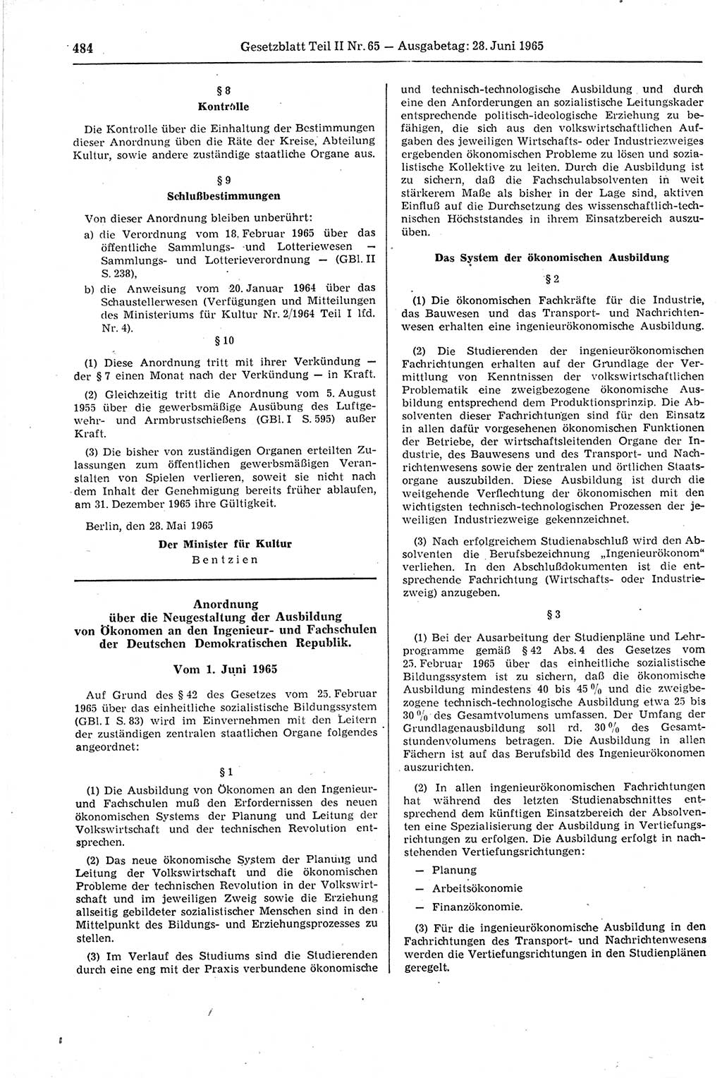Gesetzblatt (GBl.) der Deutschen Demokratischen Republik (DDR) Teil ⅠⅠ 1965, Seite 484 (GBl. DDR ⅠⅠ 1965, S. 484)