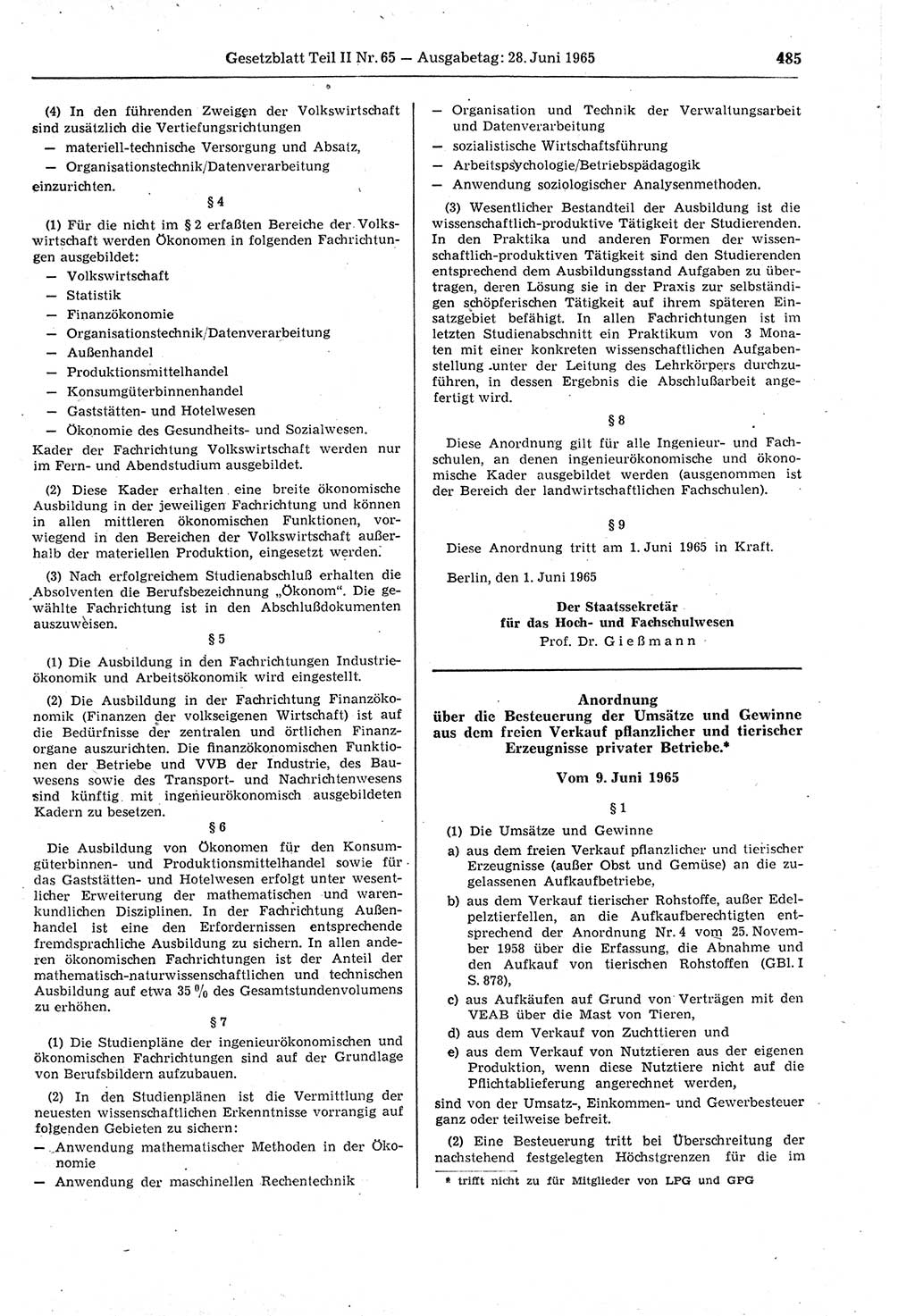 Gesetzblatt (GBl.) der Deutschen Demokratischen Republik (DDR) Teil ⅠⅠ 1965, Seite 485 (GBl. DDR ⅠⅠ 1965, S. 485)