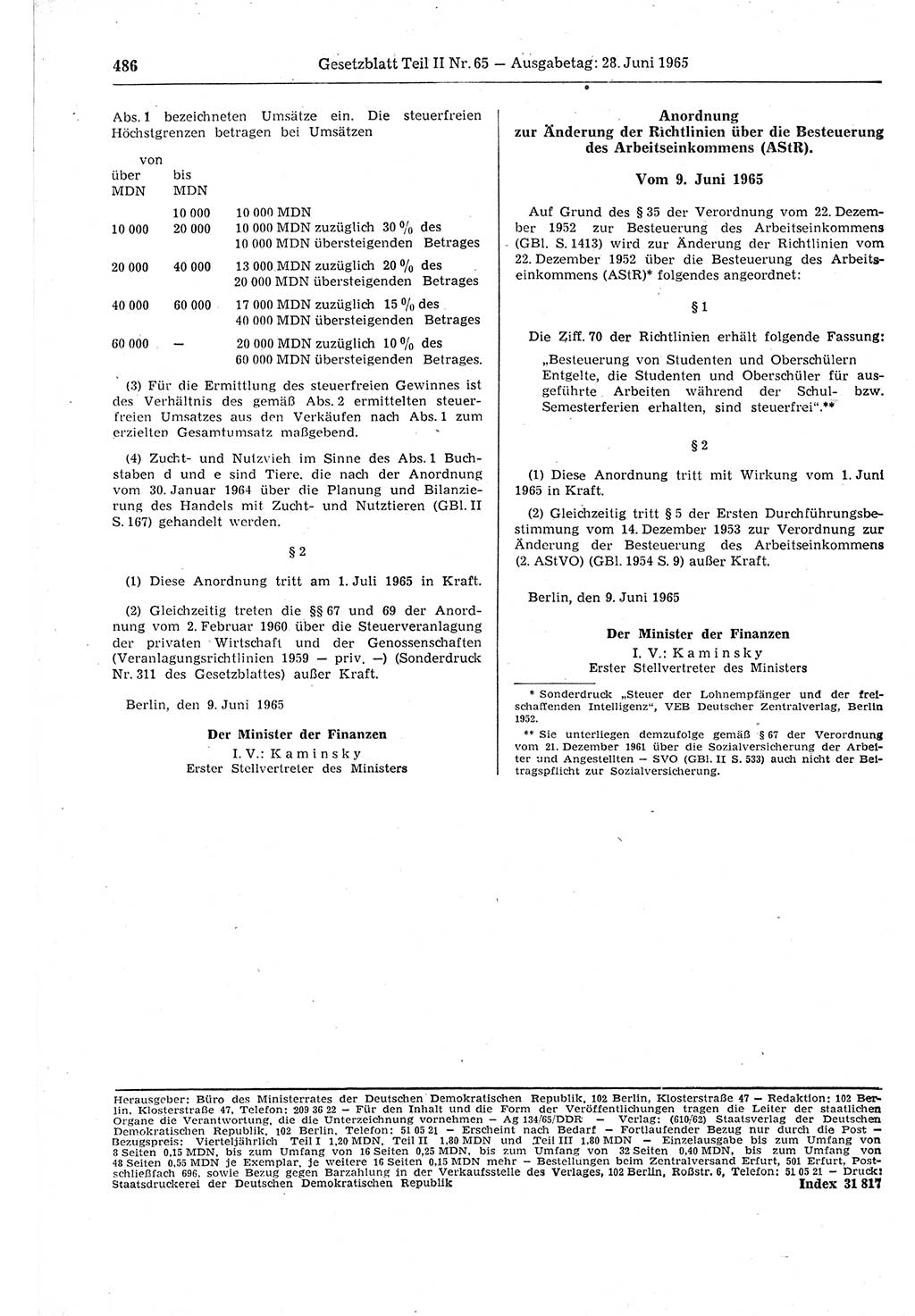 Gesetzblatt (GBl.) der Deutschen Demokratischen Republik (DDR) Teil ⅠⅠ 1965, Seite 486 (GBl. DDR ⅠⅠ 1965, S. 486)