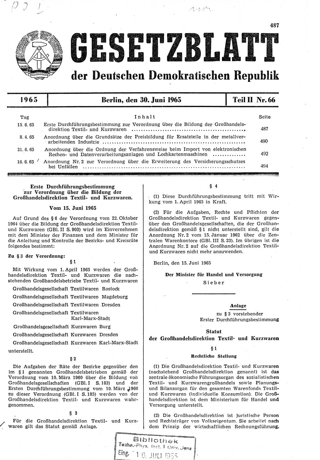Gesetzblatt (GBl.) der Deutschen Demokratischen Republik (DDR) Teil ⅠⅠ 1965, Seite 487 (GBl. DDR ⅠⅠ 1965, S. 487)