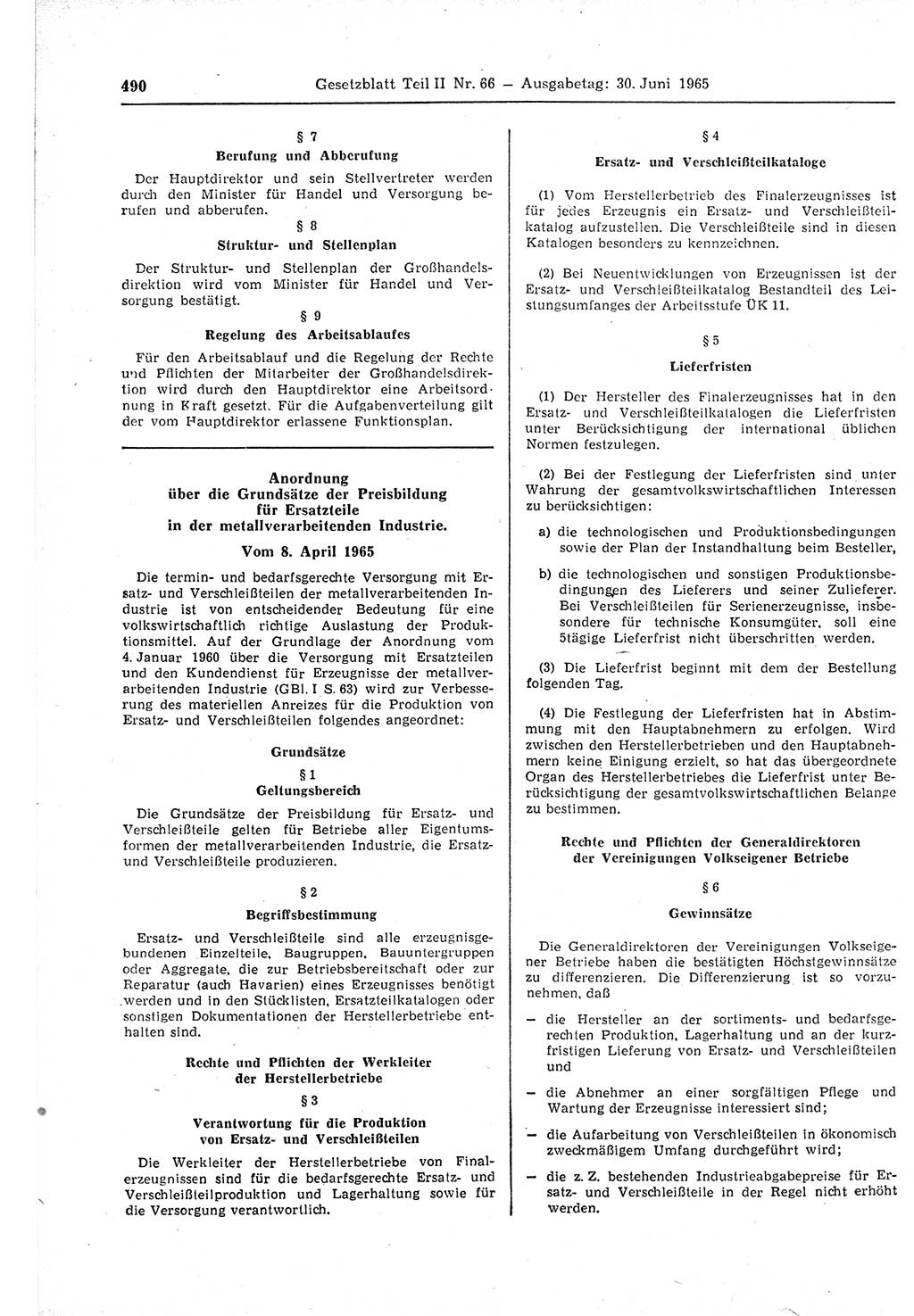 Gesetzblatt (GBl.) der Deutschen Demokratischen Republik (DDR) Teil ⅠⅠ 1965, Seite 490 (GBl. DDR ⅠⅠ 1965, S. 490)