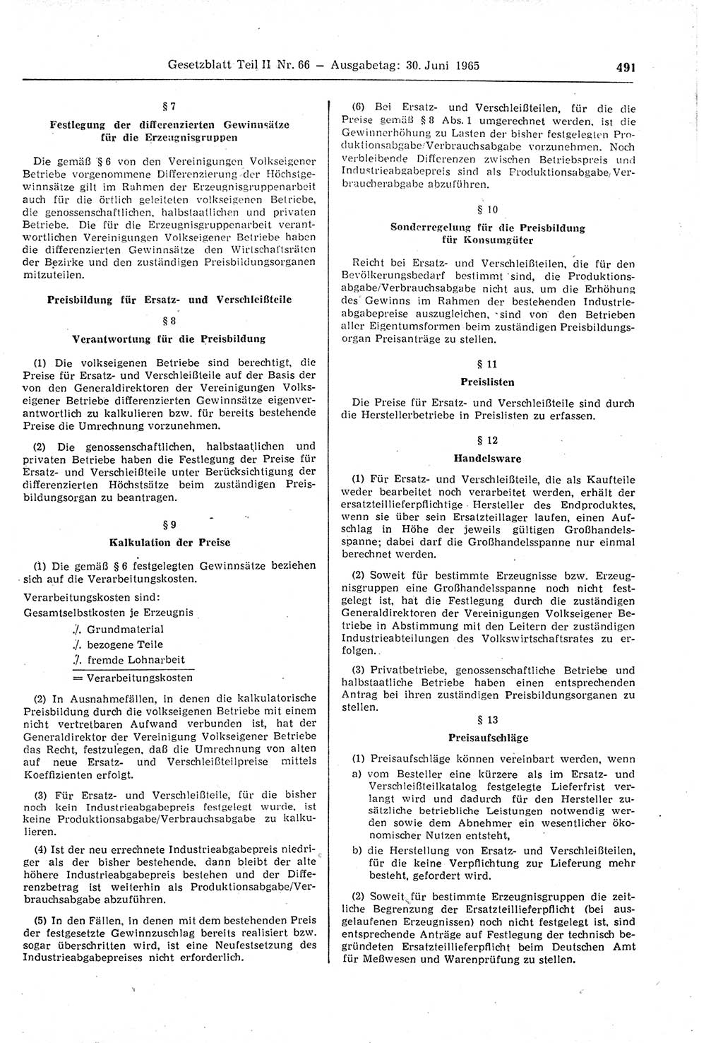 Gesetzblatt (GBl.) der Deutschen Demokratischen Republik (DDR) Teil ⅠⅠ 1965, Seite 491 (GBl. DDR ⅠⅠ 1965, S. 491)