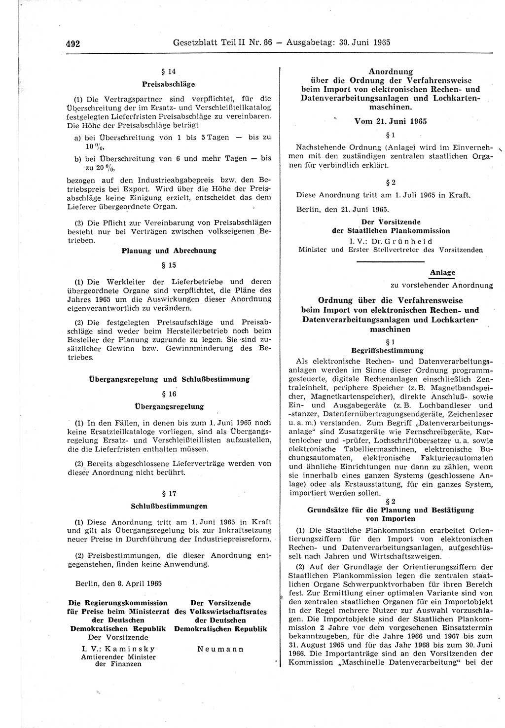 Gesetzblatt (GBl.) der Deutschen Demokratischen Republik (DDR) Teil ⅠⅠ 1965, Seite 492 (GBl. DDR ⅠⅠ 1965, S. 492)