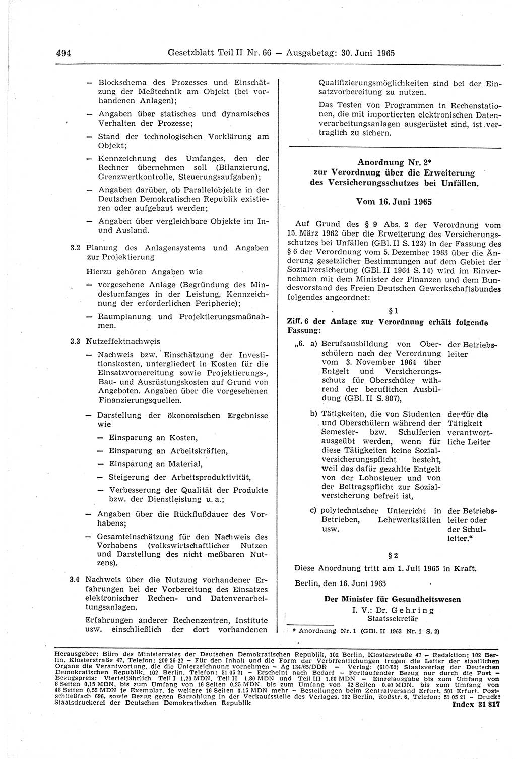 Gesetzblatt (GBl.) der Deutschen Demokratischen Republik (DDR) Teil ⅠⅠ 1965, Seite 494 (GBl. DDR ⅠⅠ 1965, S. 494)