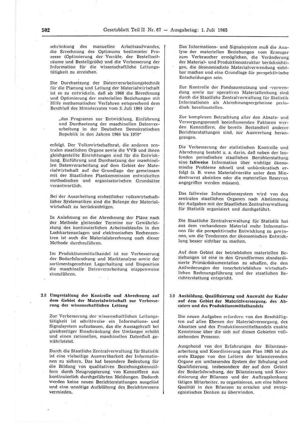 Gesetzblatt (GBl.) der Deutschen Demokratischen Republik (DDR) Teil ⅠⅠ 1965, Seite 502 (GBl. DDR ⅠⅠ 1965, S. 502)
