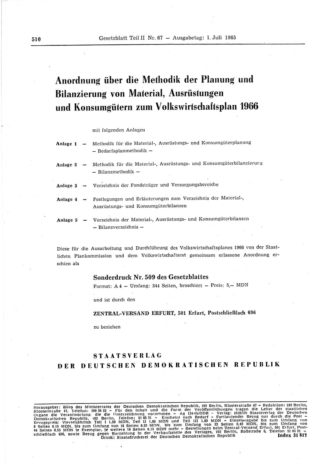 Gesetzblatt (GBl.) der Deutschen Demokratischen Republik (DDR) Teil ⅠⅠ 1965, Seite 510 (GBl. DDR ⅠⅠ 1965, S. 510)
