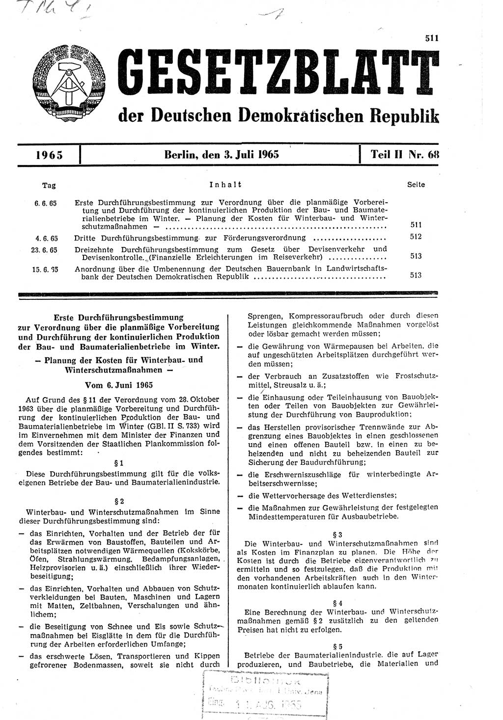 Gesetzblatt (GBl.) der Deutschen Demokratischen Republik (DDR) Teil ⅠⅠ 1965, Seite 511 (GBl. DDR ⅠⅠ 1965, S. 511)