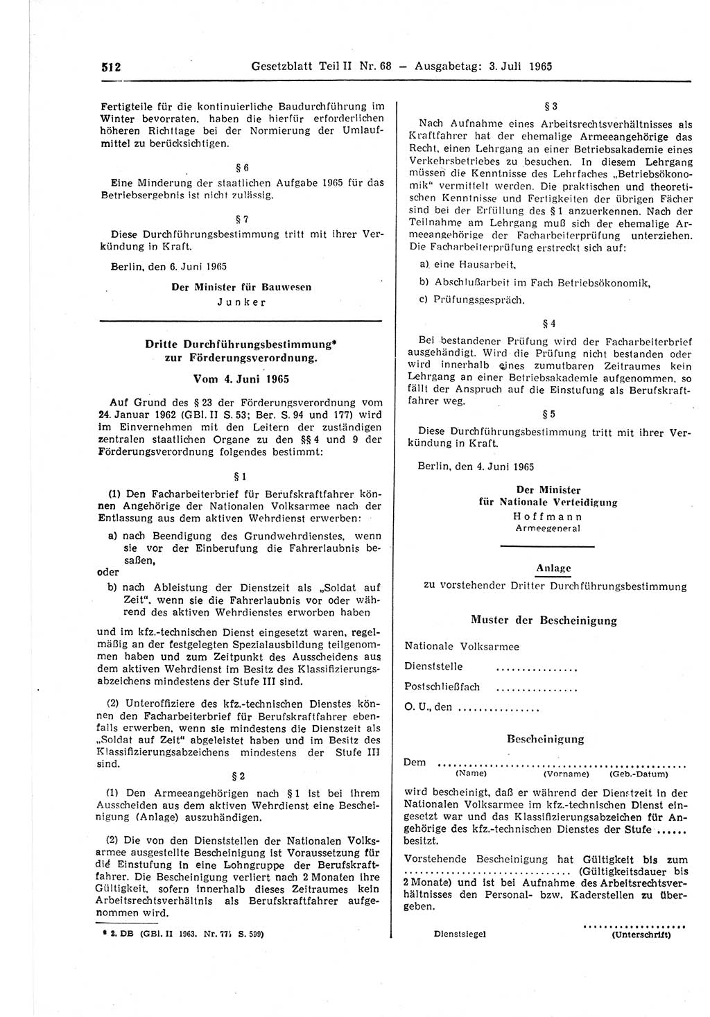Gesetzblatt (GBl.) der Deutschen Demokratischen Republik (DDR) Teil ⅠⅠ 1965, Seite 512 (GBl. DDR ⅠⅠ 1965, S. 512)
