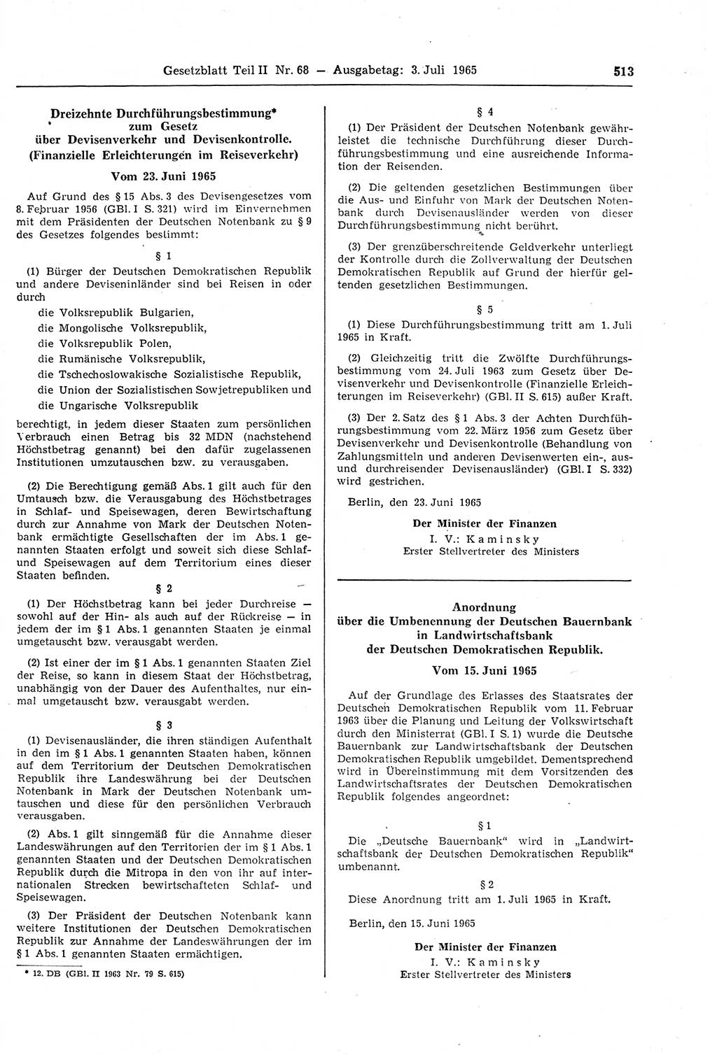 Gesetzblatt (GBl.) der Deutschen Demokratischen Republik (DDR) Teil ⅠⅠ 1965, Seite 513 (GBl. DDR ⅠⅠ 1965, S. 513)