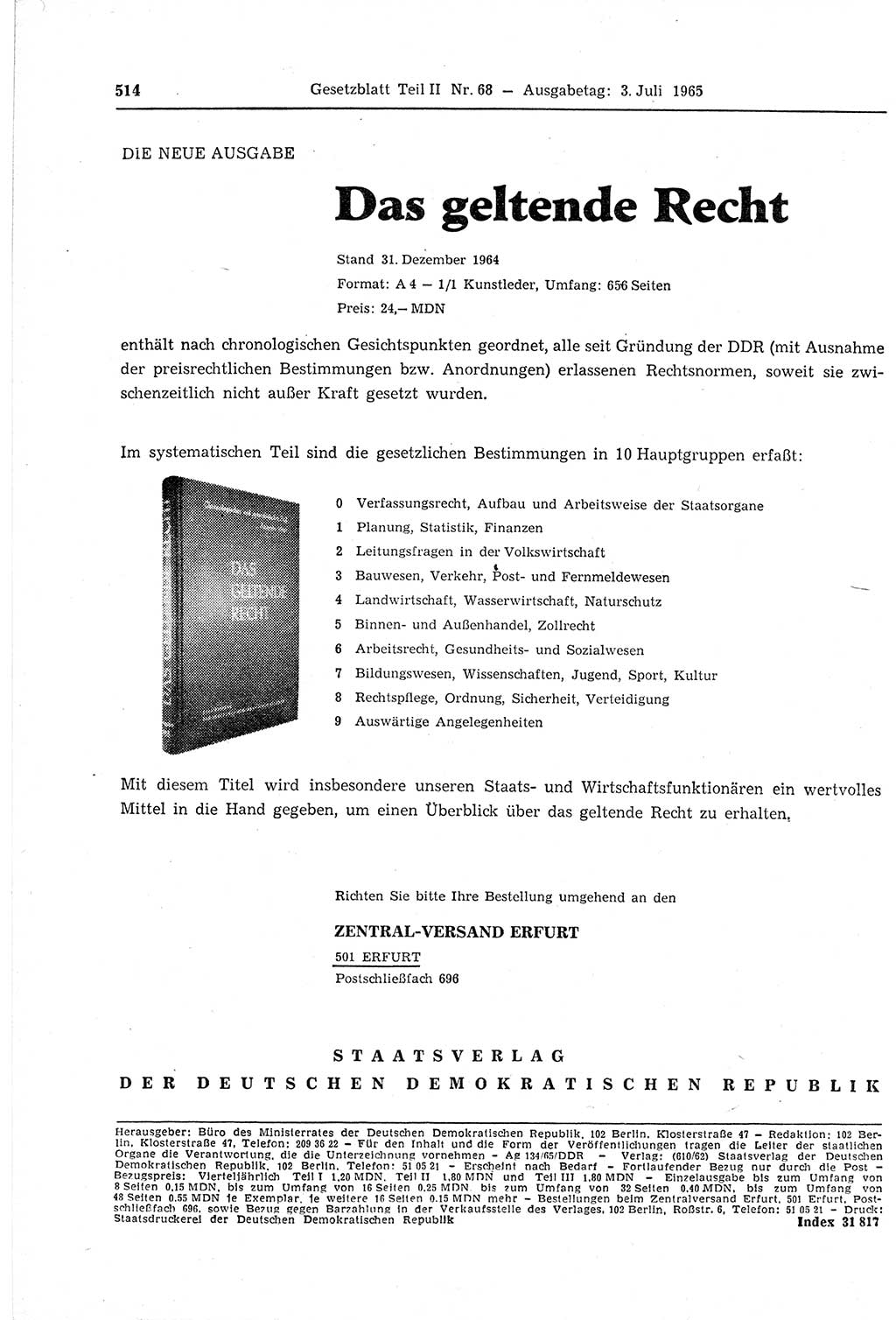 Gesetzblatt (GBl.) der Deutschen Demokratischen Republik (DDR) Teil ⅠⅠ 1965, Seite 514 (GBl. DDR ⅠⅠ 1965, S. 514)
