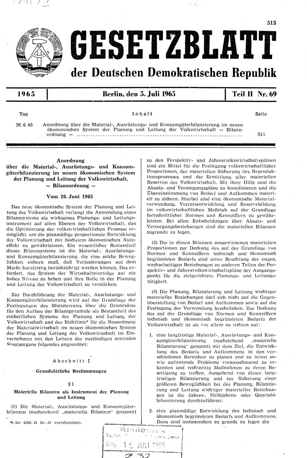 Gesetzblatt (GBl.) der Deutschen Demokratischen Republik (DDR) Teil ⅠⅠ 1965, Seite 515 (GBl. DDR ⅠⅠ 1965, S. 515)