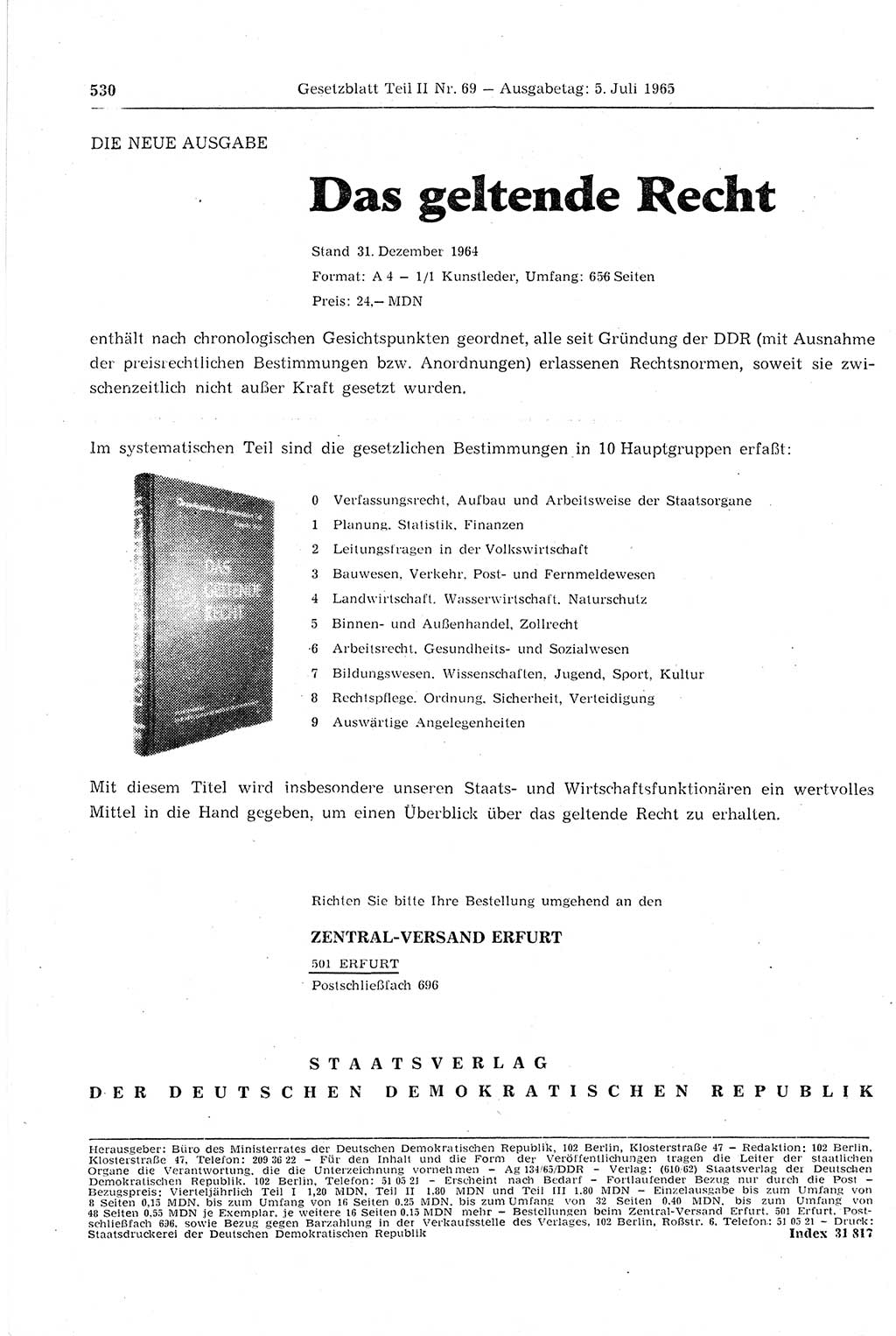 Gesetzblatt (GBl.) der Deutschen Demokratischen Republik (DDR) Teil ⅠⅠ 1965, Seite 530 (GBl. DDR ⅠⅠ 1965, S. 530)