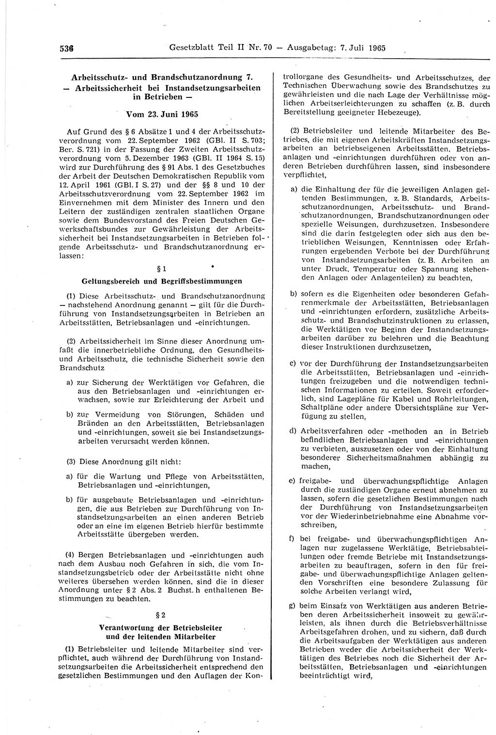 Gesetzblatt (GBl.) der Deutschen Demokratischen Republik (DDR) Teil ⅠⅠ 1965, Seite 536 (GBl. DDR ⅠⅠ 1965, S. 536)