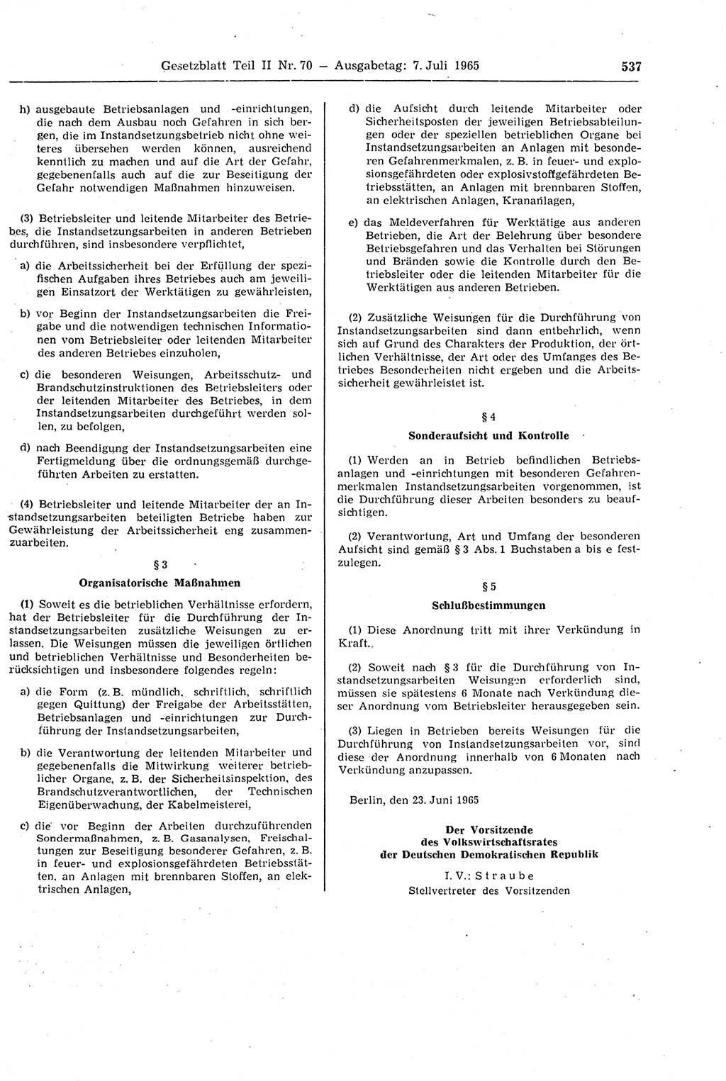Gesetzblatt (GBl.) der Deutschen Demokratischen Republik (DDR) Teil ⅠⅠ 1965, Seite 537 (GBl. DDR ⅠⅠ 1965, S. 537)