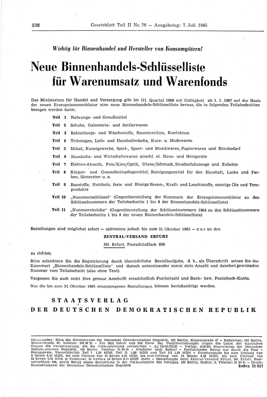 Gesetzblatt (GBl.) der Deutschen Demokratischen Republik (DDR) Teil ⅠⅠ 1965, Seite 538 (GBl. DDR ⅠⅠ 1965, S. 538)