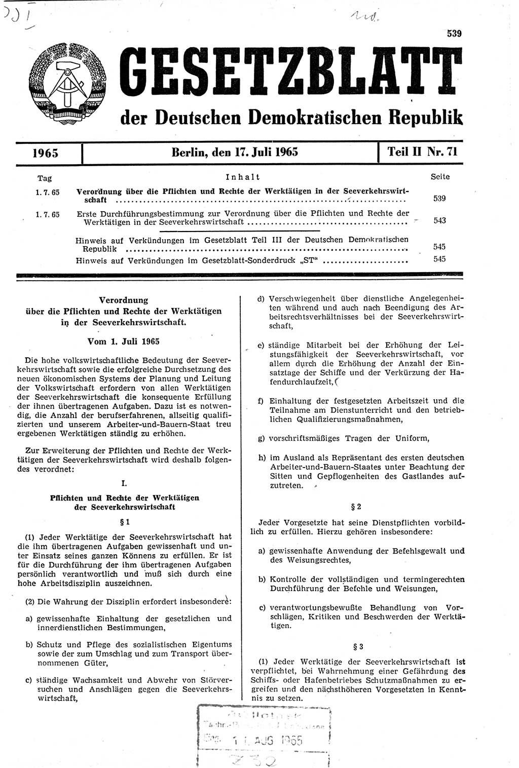 Gesetzblatt (GBl.) der Deutschen Demokratischen Republik (DDR) Teil ⅠⅠ 1965, Seite 539 (GBl. DDR ⅠⅠ 1965, S. 539)