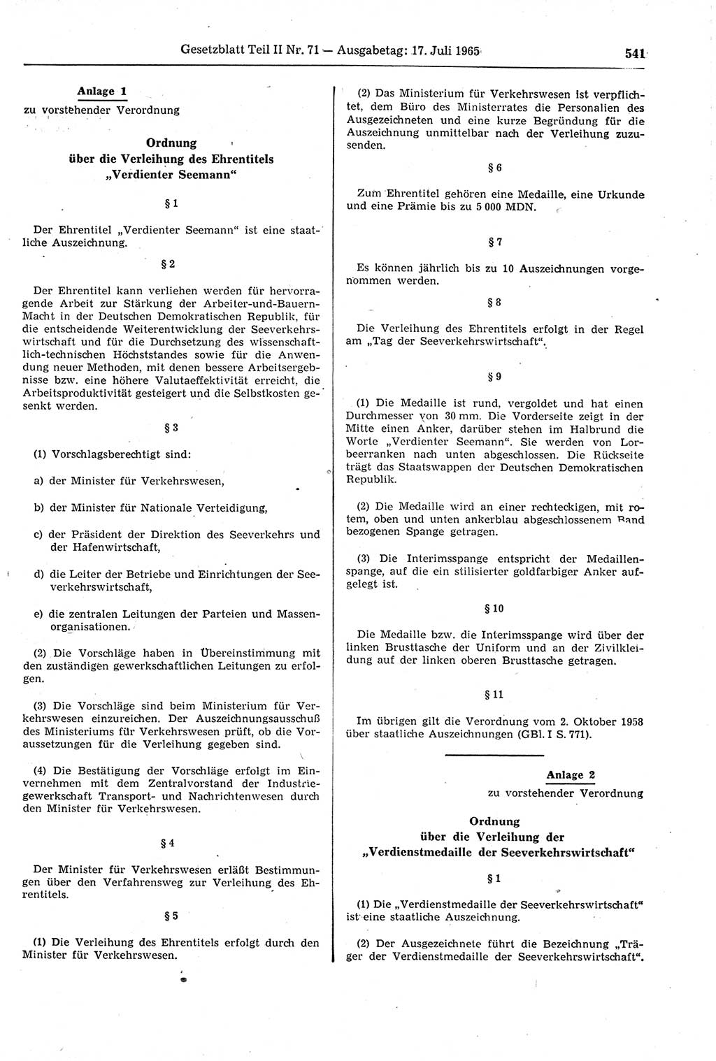 Gesetzblatt (GBl.) der Deutschen Demokratischen Republik (DDR) Teil ⅠⅠ 1965, Seite 541 (GBl. DDR ⅠⅠ 1965, S. 541)