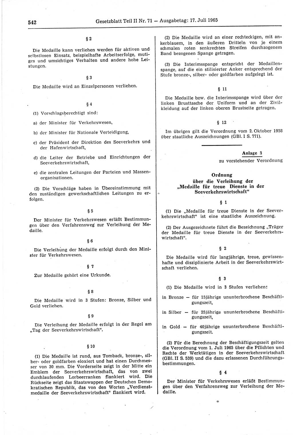 Gesetzblatt (GBl.) der Deutschen Demokratischen Republik (DDR) Teil ⅠⅠ 1965, Seite 542 (GBl. DDR ⅠⅠ 1965, S. 542)