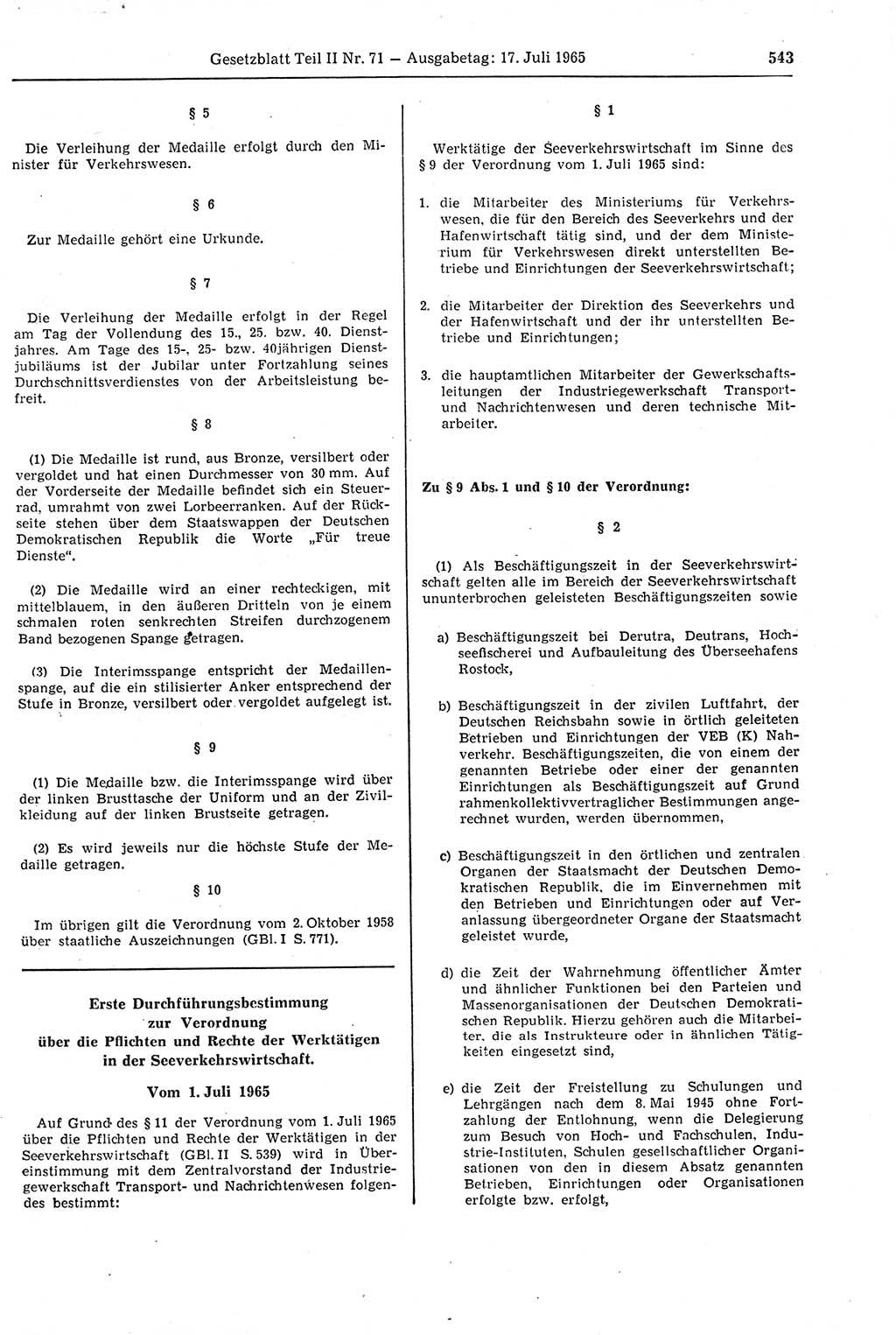 Gesetzblatt (GBl.) der Deutschen Demokratischen Republik (DDR) Teil ⅠⅠ 1965, Seite 543 (GBl. DDR ⅠⅠ 1965, S. 543)