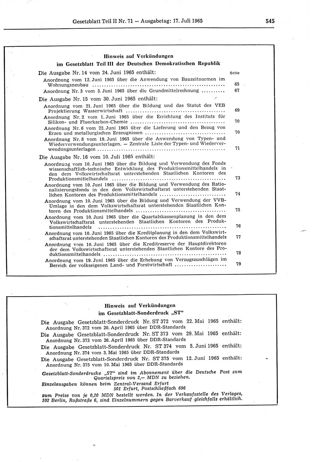 Gesetzblatt (GBl.) der Deutschen Demokratischen Republik (DDR) Teil ⅠⅠ 1965, Seite 545 (GBl. DDR ⅠⅠ 1965, S. 545)