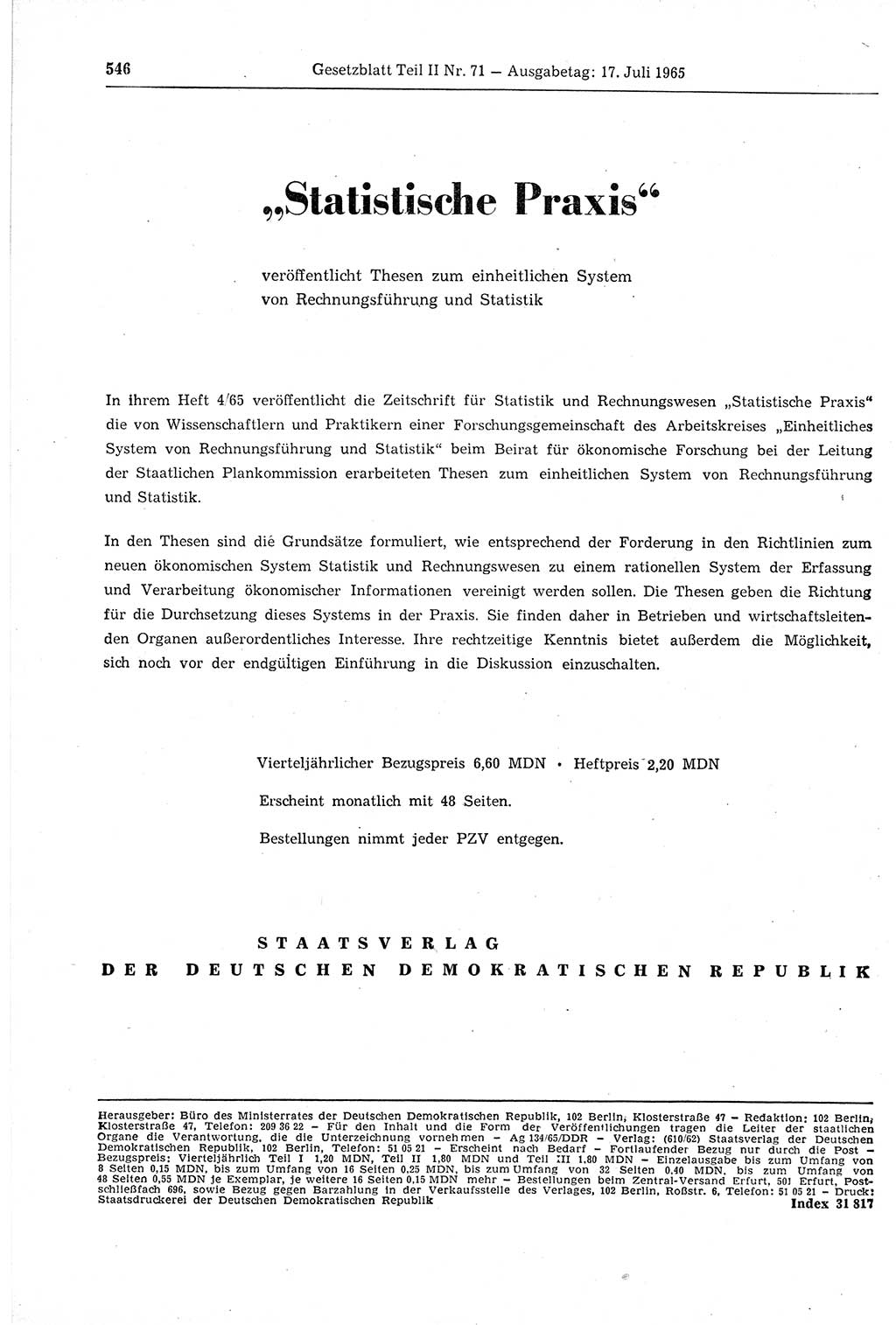 Gesetzblatt (GBl.) der Deutschen Demokratischen Republik (DDR) Teil ⅠⅠ 1965, Seite 546 (GBl. DDR ⅠⅠ 1965, S. 546)