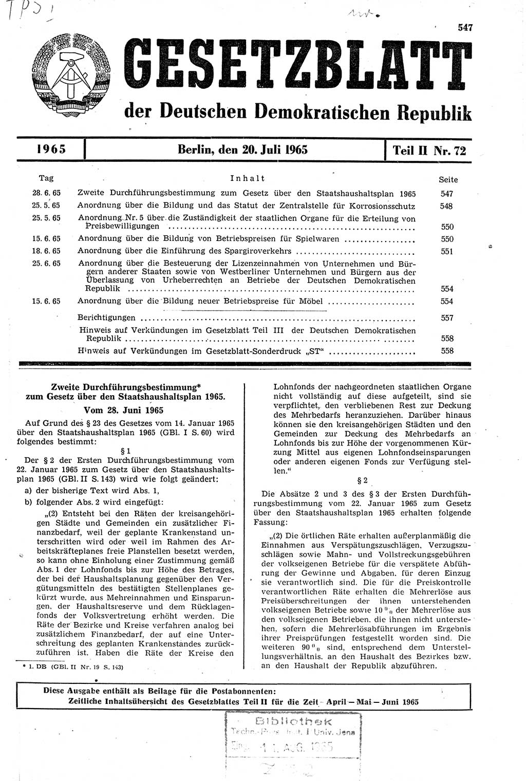 Gesetzblatt (GBl.) der Deutschen Demokratischen Republik (DDR) Teil ⅠⅠ 1965, Seite 547 (GBl. DDR ⅠⅠ 1965, S. 547)